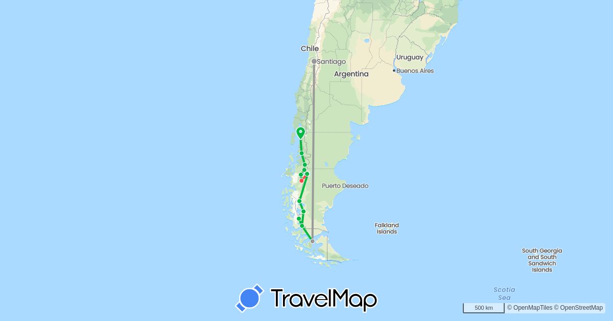 TravelMap itinerary: driving, bus, plane, hiking in Argentina, Chile (South America)